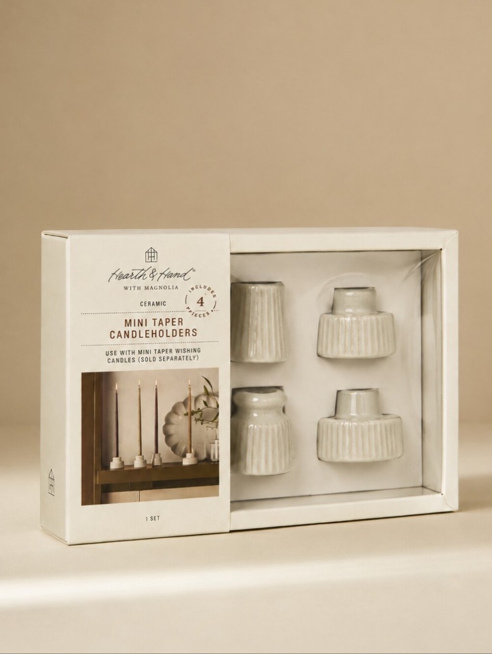 NIB Magnolia Hearth & Hand Set of 4 Mini Ceramic Taper Candle Holders - Picture 2 of 4